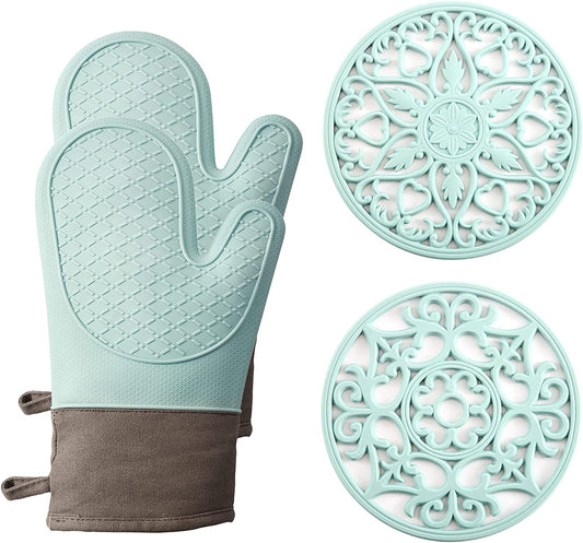 Oven Gloves and Trivet Mats 4 Piece Set, Aqua Sky